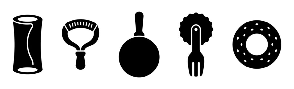 Artisan pastry baking and pasta making tools icons set, rolling pin sleeve, dough slasher lame, handheld crepe griddle pan, ravioli pastry wheel cutter, and bagel donut cutter vector
