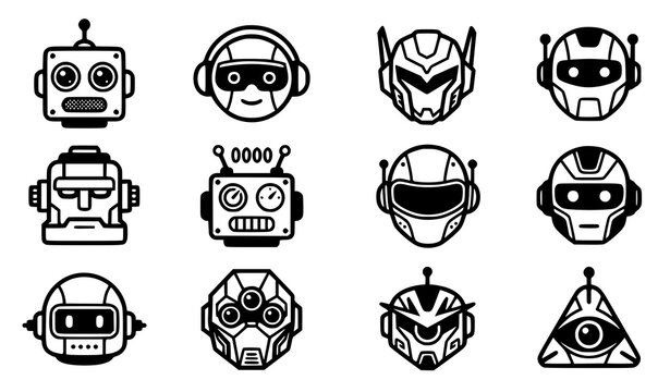Modern robot head icons monochrome technology vector set