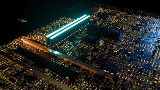 Computer circuit board with microchip and ram modules illustration