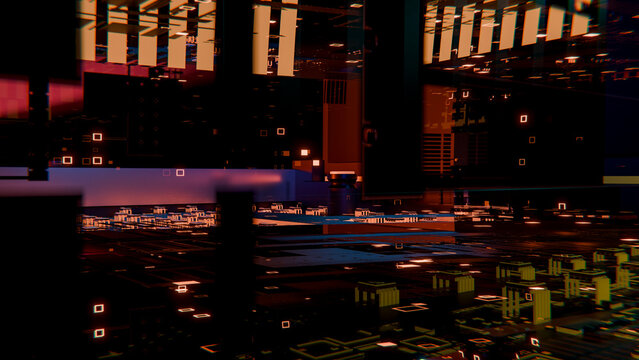 3d illustration of glowing computer circuit board with microchips