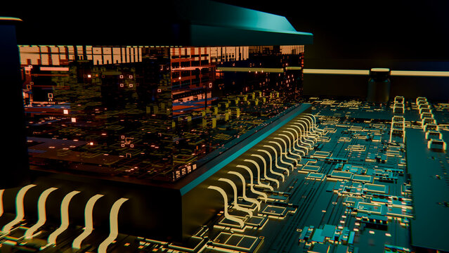 Close-up illustration of glowing microchip on circuit board