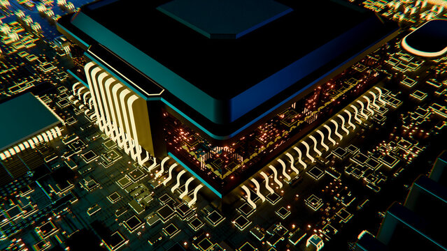 3d render of computer chip with glowing circuit board components