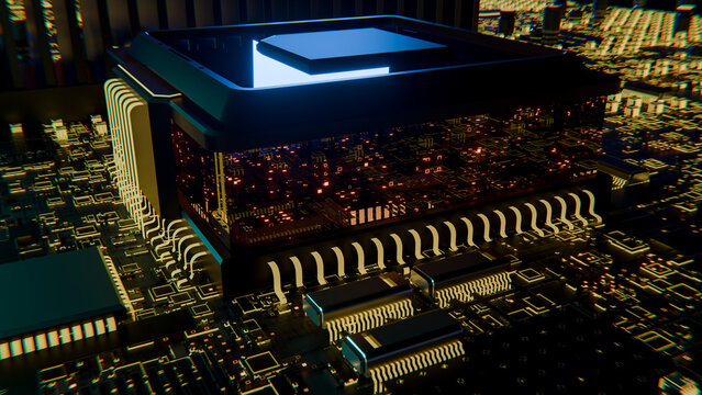 3d rendered microprocessor on printed circuit board with glowing