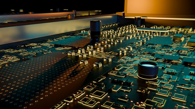 Close-up of electronic circuit board with capacitors, resistors