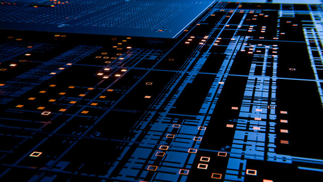 Close-up of blue printed circuit board with illuminated microchips
