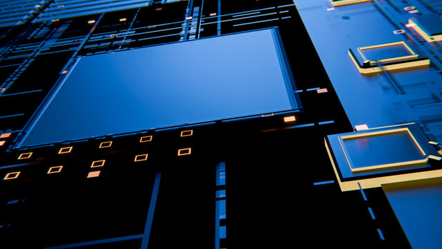 Futuristic blue and black microchip with circuitry details