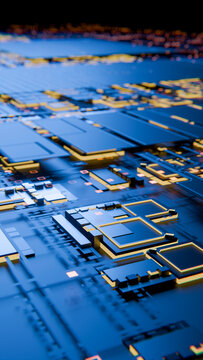 3d render of blue and gold circuit board with microchips