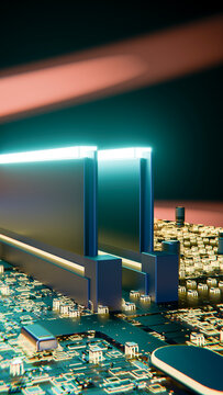 Computer memory modules on circuit board with neon lighting