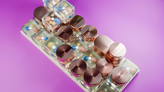 Keyboard with transparent and metallic keys on purple background