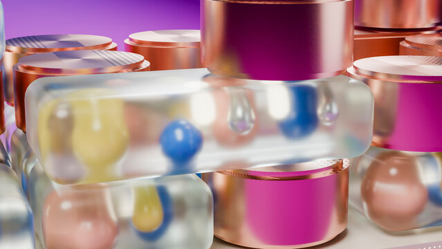 Colorful abstract spheres and droplets in digital 3d illustration