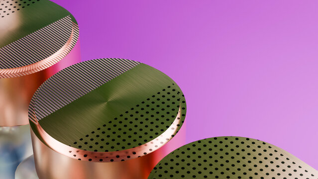 Metallic capsules with perforated patterns on pink background