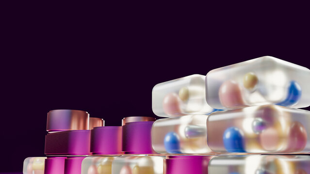 Stacked translucent pharmaceutical capsules with colorful pills