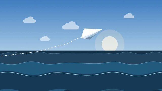 Pixel art paper airplane flying over ocean waves with sun and clouds