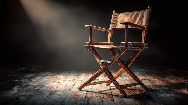 A wooden director chair stands under a bright spotlight in a dark room. This dramatic scene represents filmmaking, leadership, and cinematic arts.