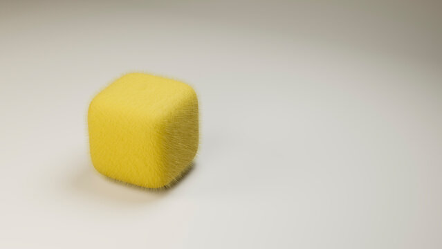 Yellow furry cube with rounded edges in 3d digital illustration