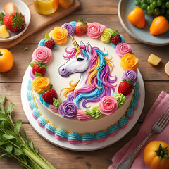 Fototapeta premium Birthday celebration and party concept, unicorn cake decorated with colorful frosting roses and fresh strawberries on a rustic wooden table background