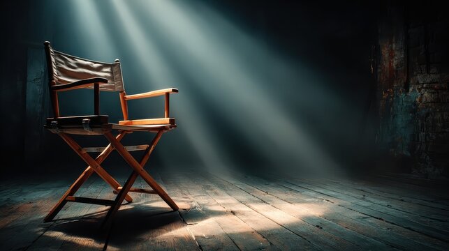 A director chair stands in a dark studio illuminated by dramatic light rays. This composition symbolizes the artistry and behind the scenes of filmmaking.