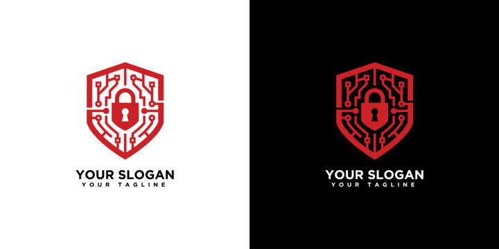 Red Shield Lock with Circuit Board Pattern Cyber Security Logo