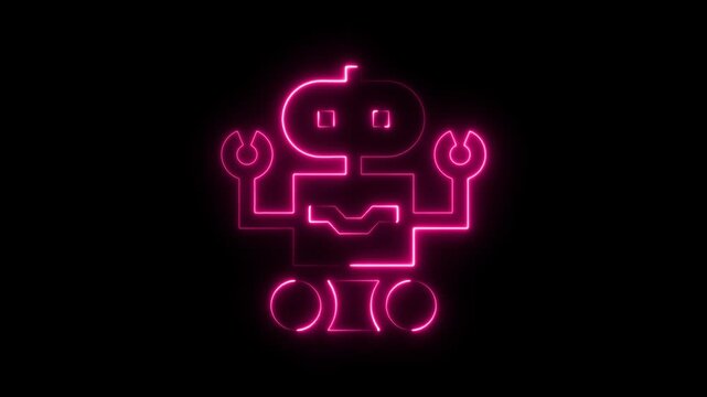Pink neon robot icon glowing on a dark black background