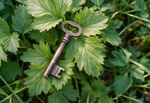 Solution and success concept, vintage metal key resting on green leaves in nature, finding answers and unlocking potential in a sustainable environment