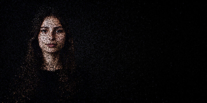 Digital ID Portrait of European Woman with Face made up of Computer code. E-signature Concept with copy-space.