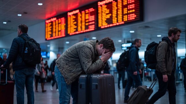 Frustrated Traveler Slumped Under Departures Board After Flight Cancellation