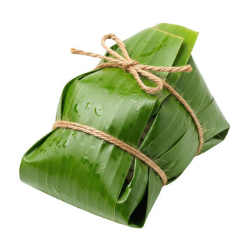 Traditional zongzi rice dumpling wrapped in green banana leaves and tied with twine.