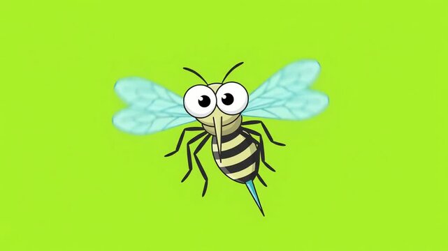 Group of cartoon mosquitoes flying over a solid green background