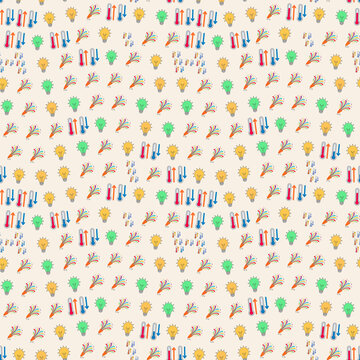 Pattern of lightbulbs, thermometers, and party poppers
