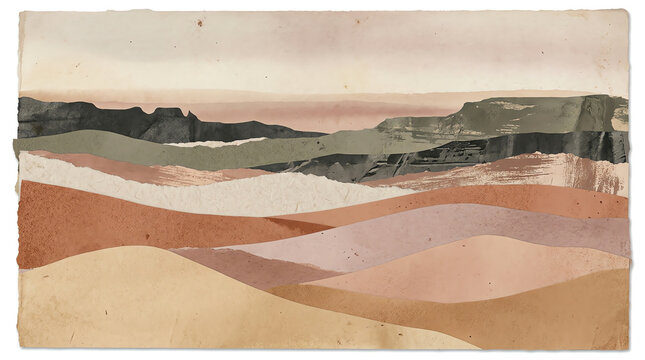 Art landscape painting paper in collage nature scenic of horizon mountain sunset abstract creative design