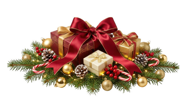 Christmas gift boxes with red ribbon on pine branches isolated on transparent background