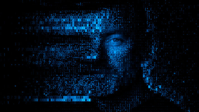 Male Face formed from Computer Code, symbolising Bot Detection Concept.