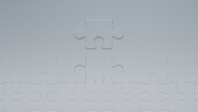 White Jigsaw Puzzle texture Background with final piece moving into place. Solution Concept.
