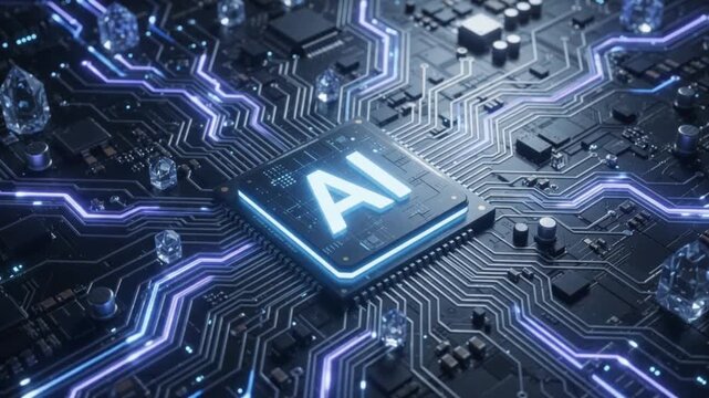 Surreal Mystical Artificial Intelligence AI Microchip with Glowing Data Streams on Futuristic Circuit Board Technology