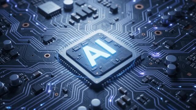 Surreal Mystical Artificial Intelligence AI Microchip with Glowing Data Streams on Futuristic Circuit Board Technology