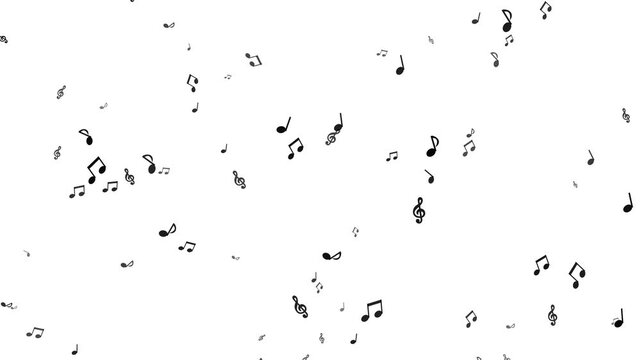 Numerous black musical notes of varied shapes and sizes gently falling, swaying, and swirling across the screen on a white background in a perfectly seamless motion graphic loop