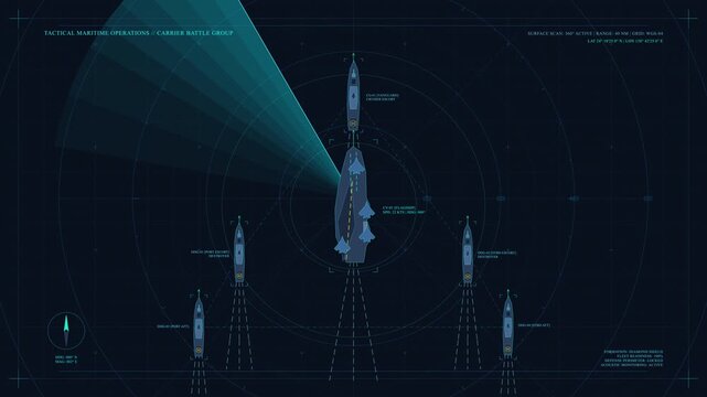 Pixel art radar scan with spaceship and submarine fleet monitoring, digital interface, cyber technology, navigation loop