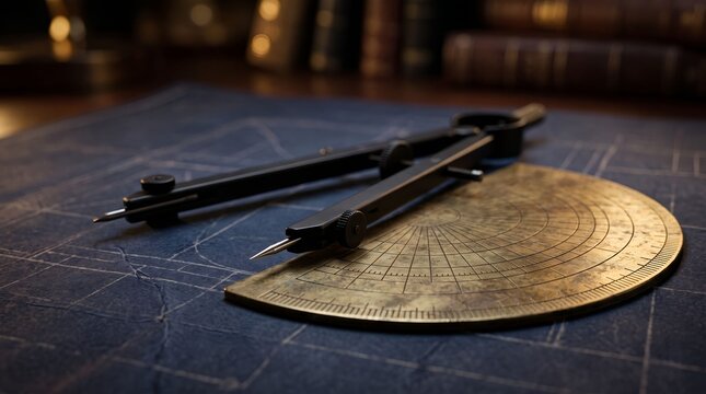 Vintage Drafting Compass and Brass Protractor on Architectural Blueprint Paper
