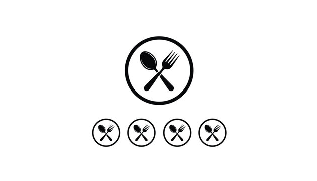 Crossed spoon and fork silhouette icons placed inside circles representing restaurant, dining, food service, or menu options.