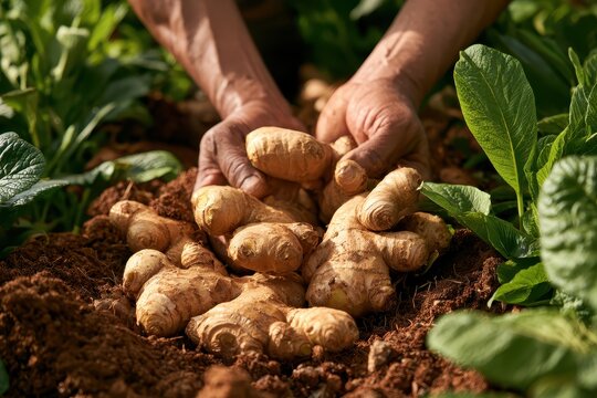 Close-up of hands gently gathering fresh ginger roots from rich brown soil. This photo showcases the organic farming process and healthy harvest.
