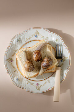 Three live snails on white bread on a vintage plate