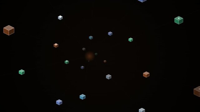 Small colored cubes loop against a dark empty cosmic background