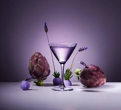 Lavender Cocktail Still Life with Artichokes