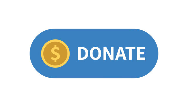 Blue horizontal web button with word donate and golden dollar coin icon on white background representing charity.