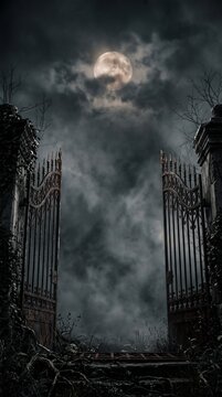Iron cemetery gate under full moon with dark moody cloudy night sky for gothic halloween background.