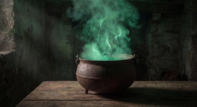 Old iron witch cauldron with glowing green smoke on rustic wooden table in dark room
