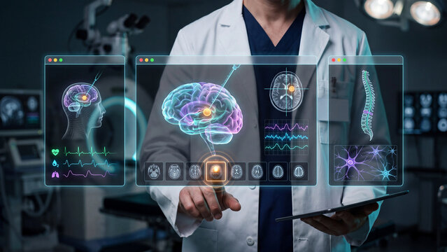 Neurosurgeon analyzing brain scans, neurosurgery and brain diagnostics interface.