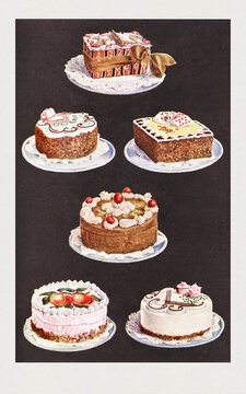 Vintage pastry menu poster illustration featuring six ornate decorated cakes and tortes on lace doilies