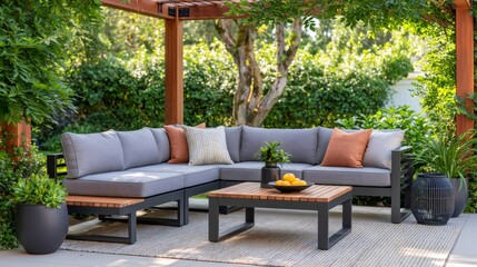 Fototapeta premium Outdoor sectional sofa under a garden pergola