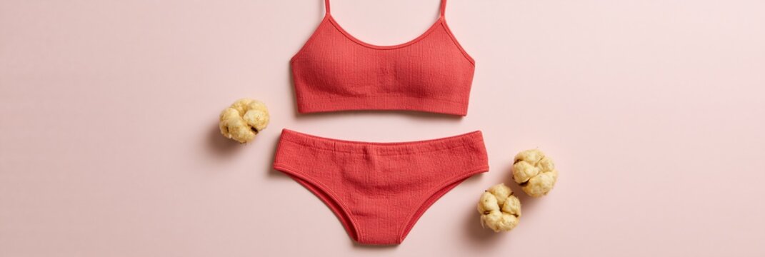 Coral red bralette and matching high waisted underwear set flat lay on soft pink background for lingerie banner and ecommerce design